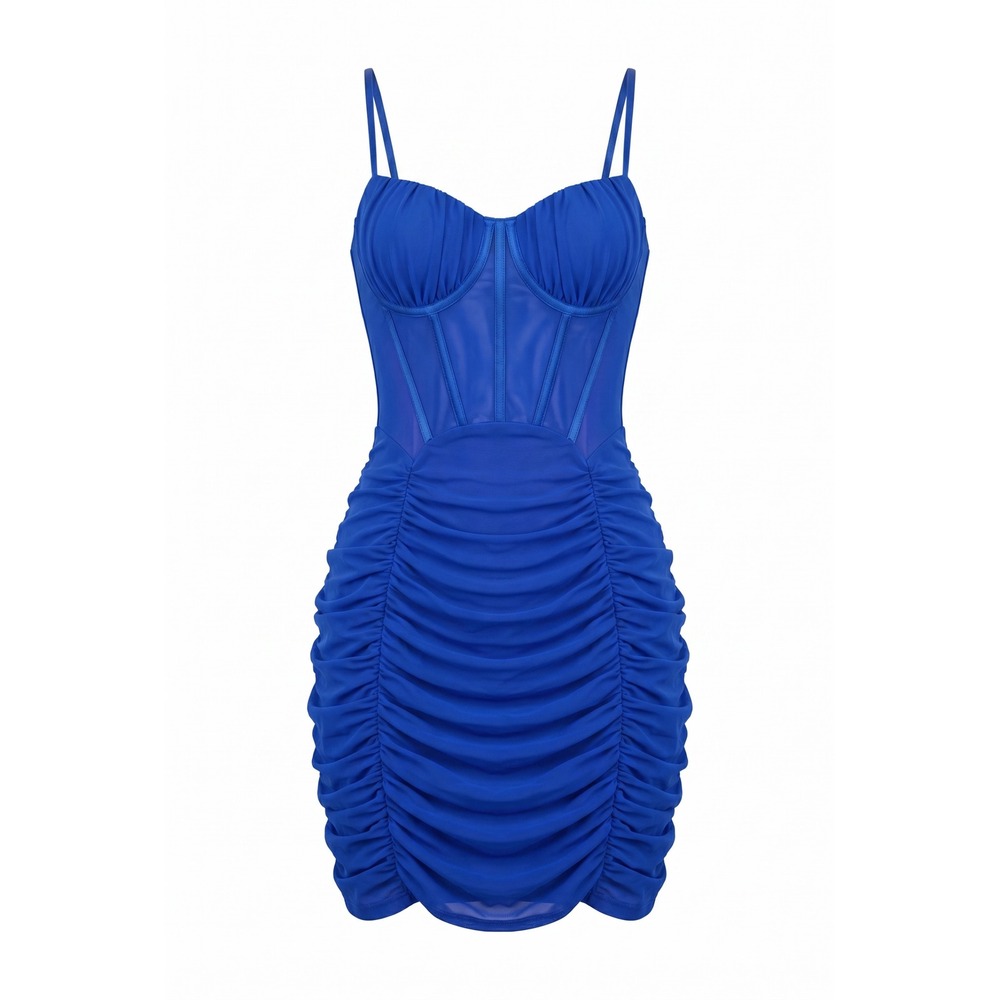MadRag Royal Blue Corset Ruched Mini Dress Mesh Bodycon Pink Lining S PD73828N